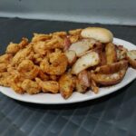 shrimp platter with famous potatoes